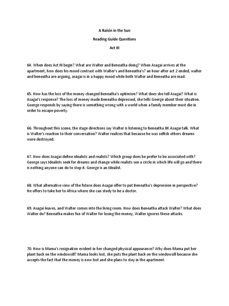 9 Raisin in The Sun Reading Questions Act III PDF