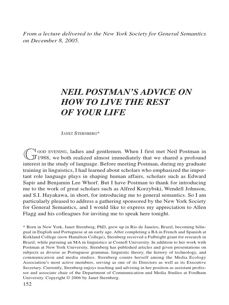 Neil Postmans Advice On How To Live The | PDF | Marriage | Linguistics