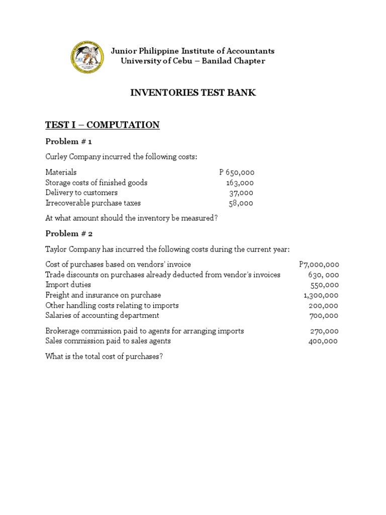 Inventory Test Bank for Accounting | PDF | Cost Of Goods Sold | Inventory