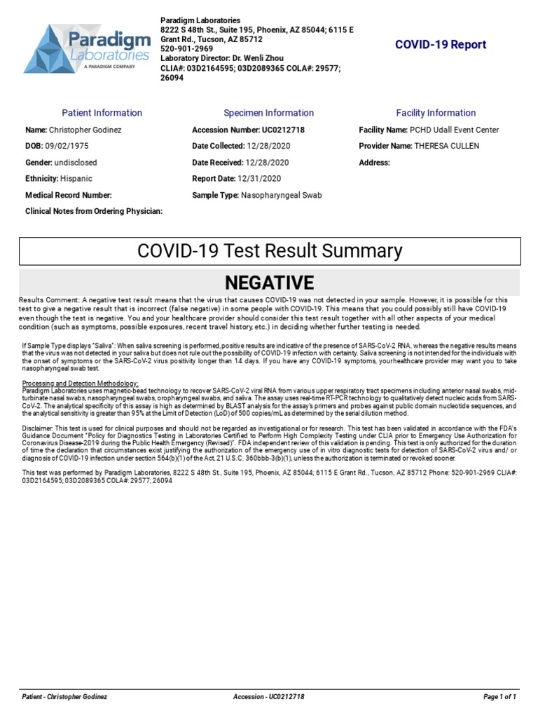 COVID19 Test Result Summary Negative PDF Epidemiology Immunology