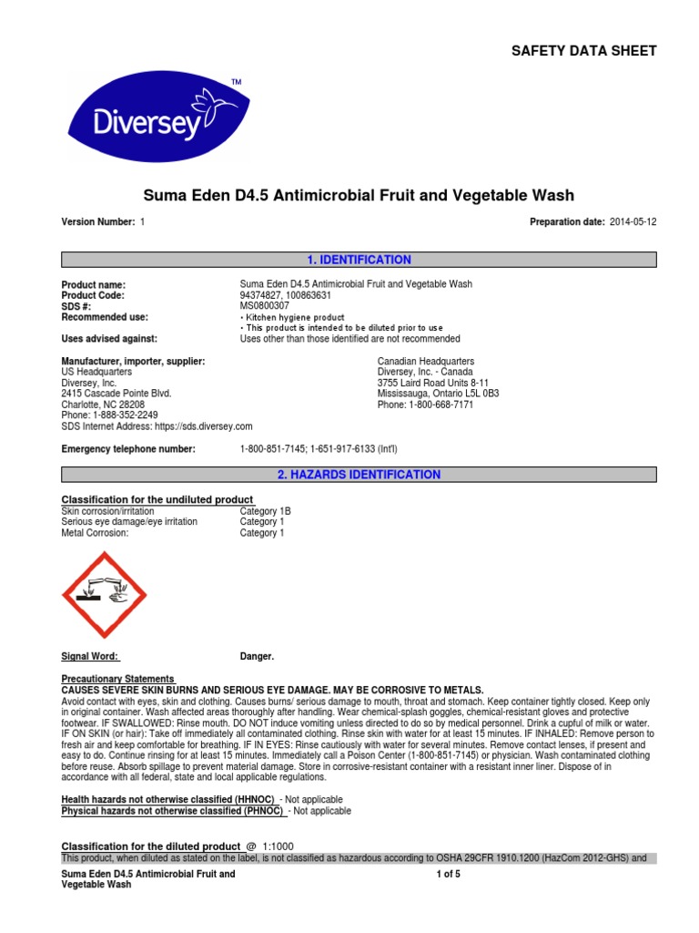 Suma Eden D4.5 Antimicrobial Fruit and Vegetable Wash Safety Data