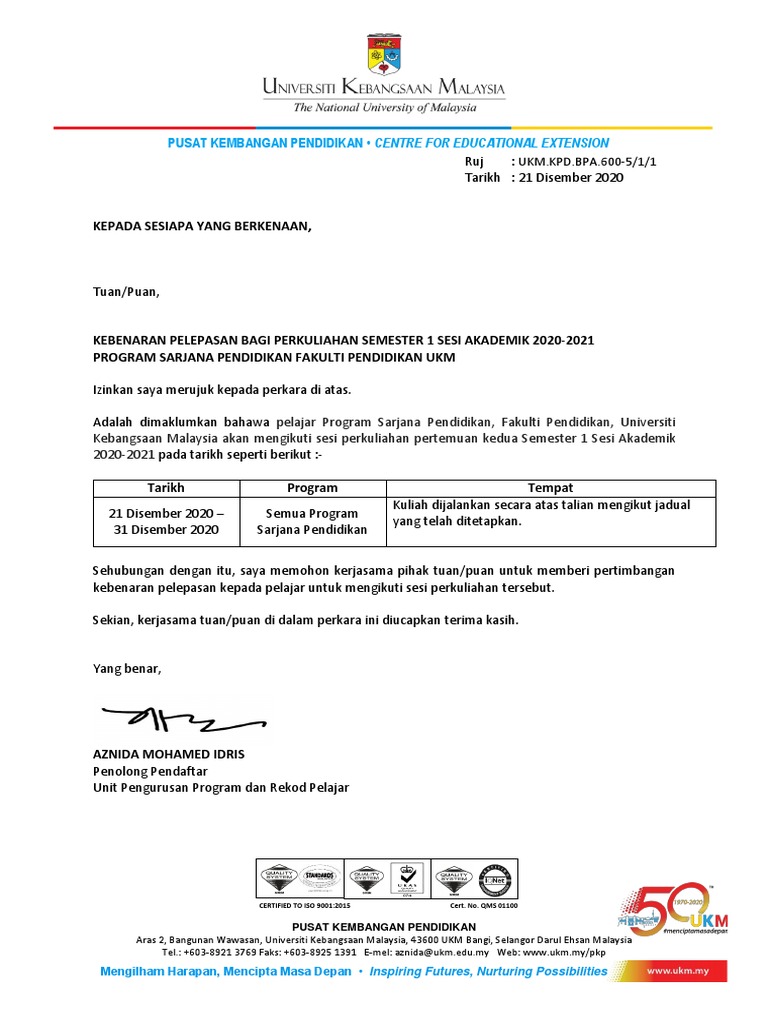 Contoh Surat Pelepasan Daripada Majikan Untuk Sambung Belajar Ukm