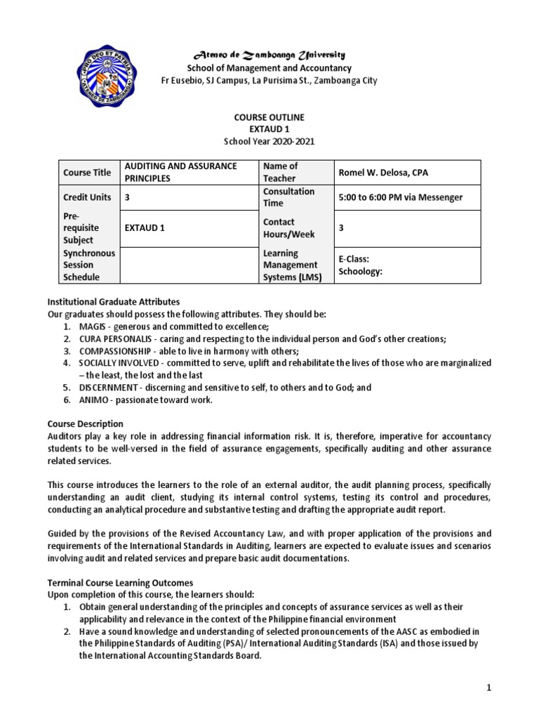 Ateneo de Zamboanga Auditing Course Details | PDF | Auditor's Report ...