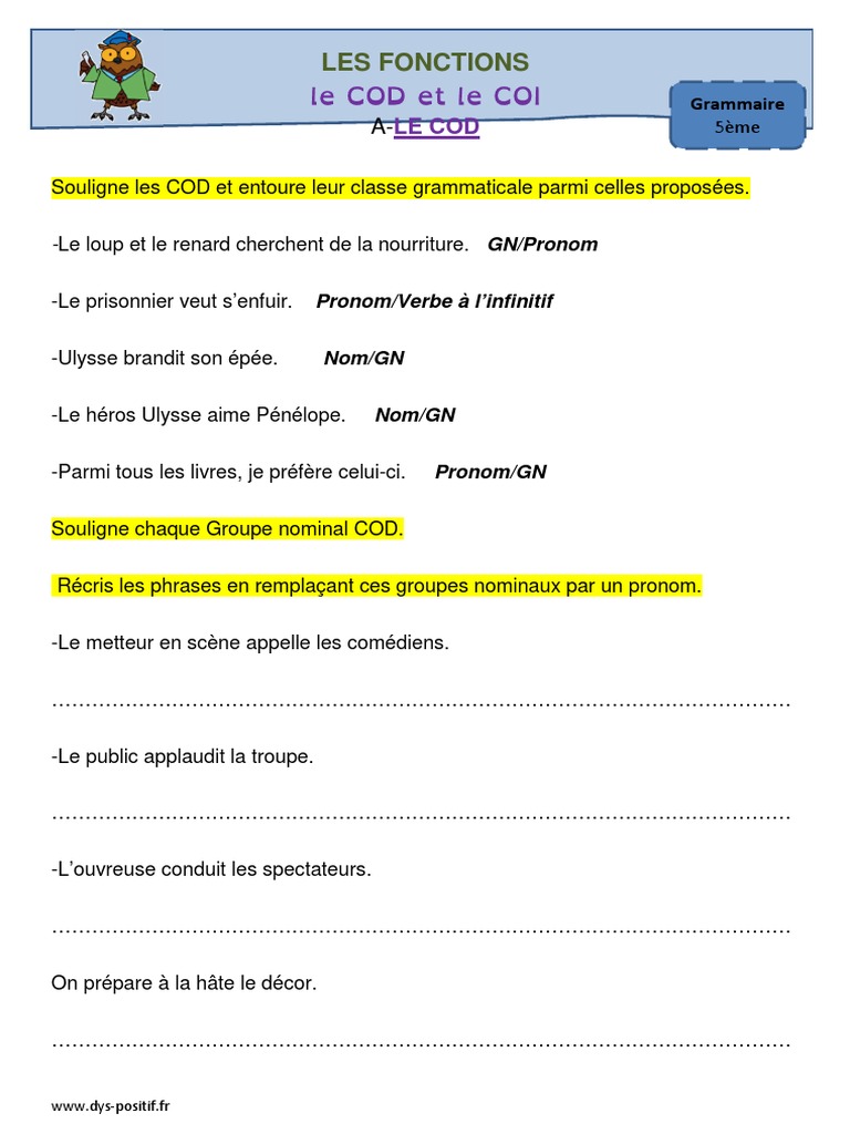Les Pronoms Personnels Cod Et Coi Exercices Pdf Exercices Cod Coi Cos 5eme PDF | PDF | Complément d'objet | Phrase