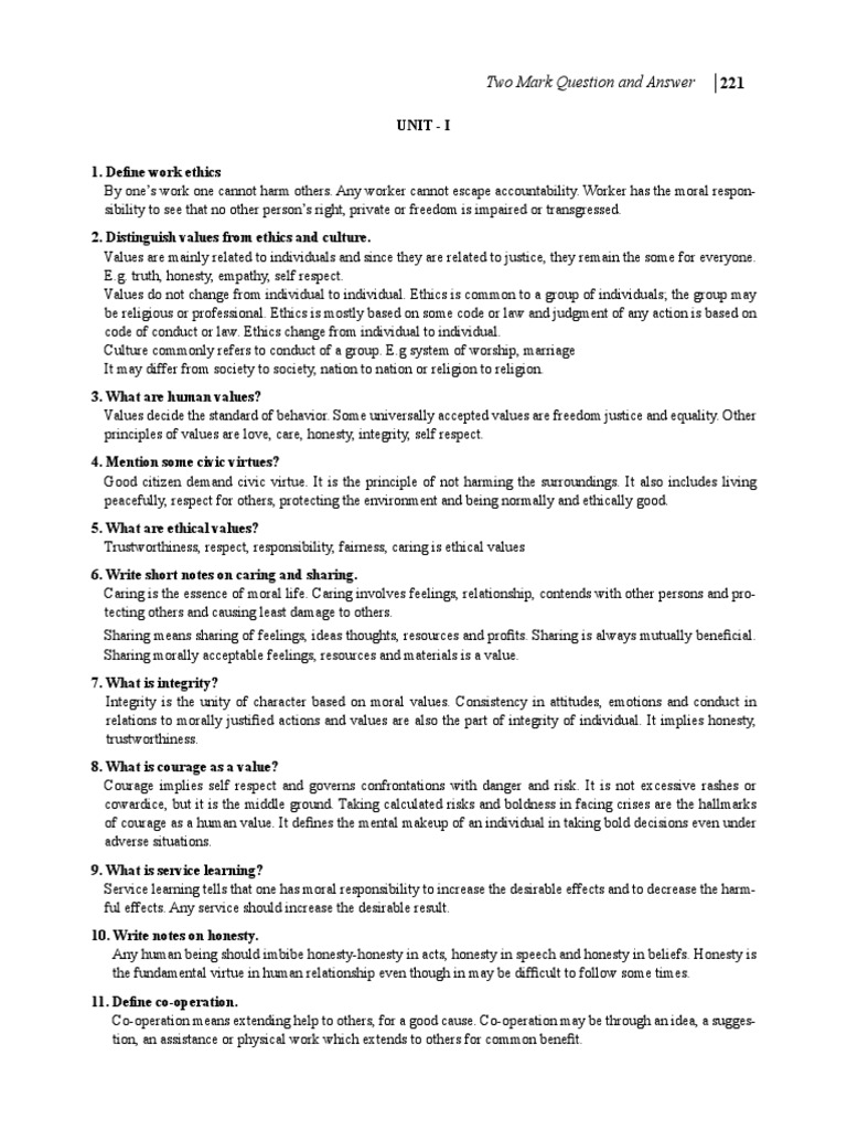 Professional Ethics Two Marks | PDF | Integrity | Risk