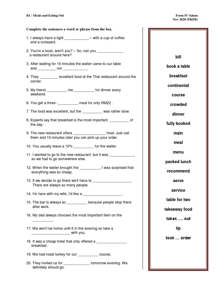 for Completing Sentences About Meals, Eating Out, and Restaurant Experiences