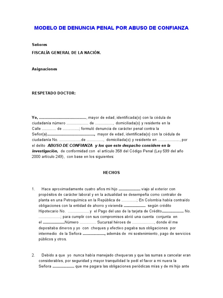 Modelo de Denuncia por Abuso de Confianza | PDF | Cheque | Tarjeta de