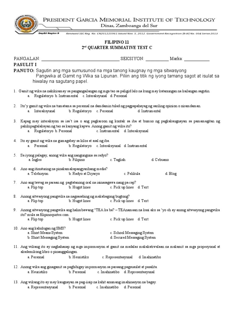 Filipino 11 2ND Quarter Summative Test C | PDF
