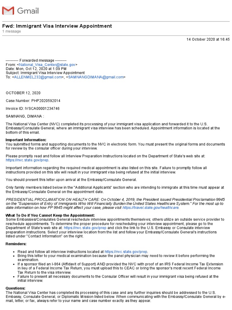 Gmail FWD Immigrant Visa Interview Appointment PDF Travel Visa