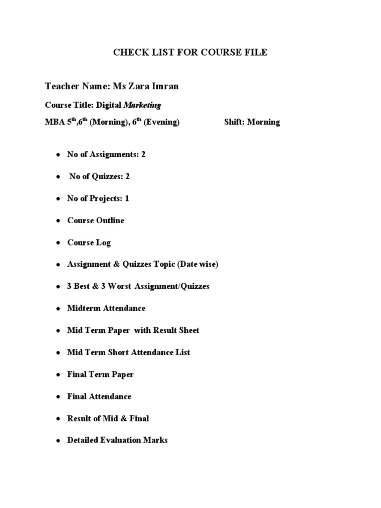 Course Checklist by Ms. Zara Imran | PDF