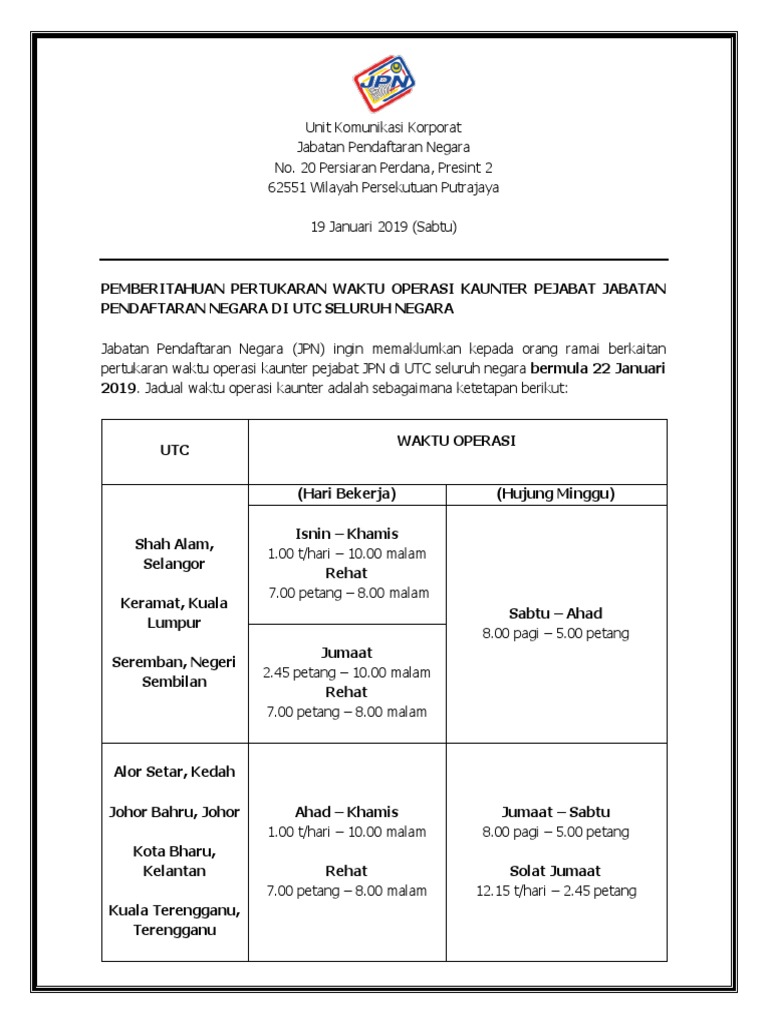 Pemberitahuan Pertukaran Waktu Operasi Kaunter Pejabat Jabatan Pendaftaran Negara Di Utc Seluruh Negara 1