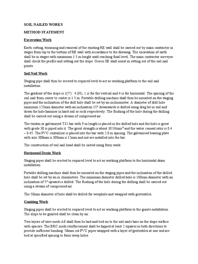Soil Nailing Method Statement | PDF | Building Engineering | Civil ...