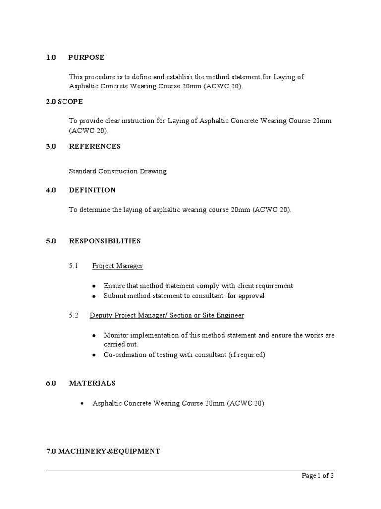 Method Statement for ACWC 20 Laying | PDF | Asphalt | Concrete