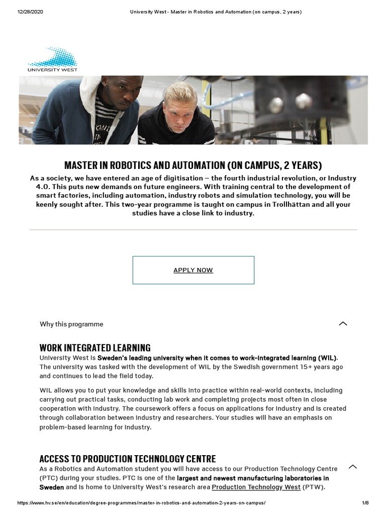 University West - Master in Robotics and Automation (On Campus, 2 Years ...