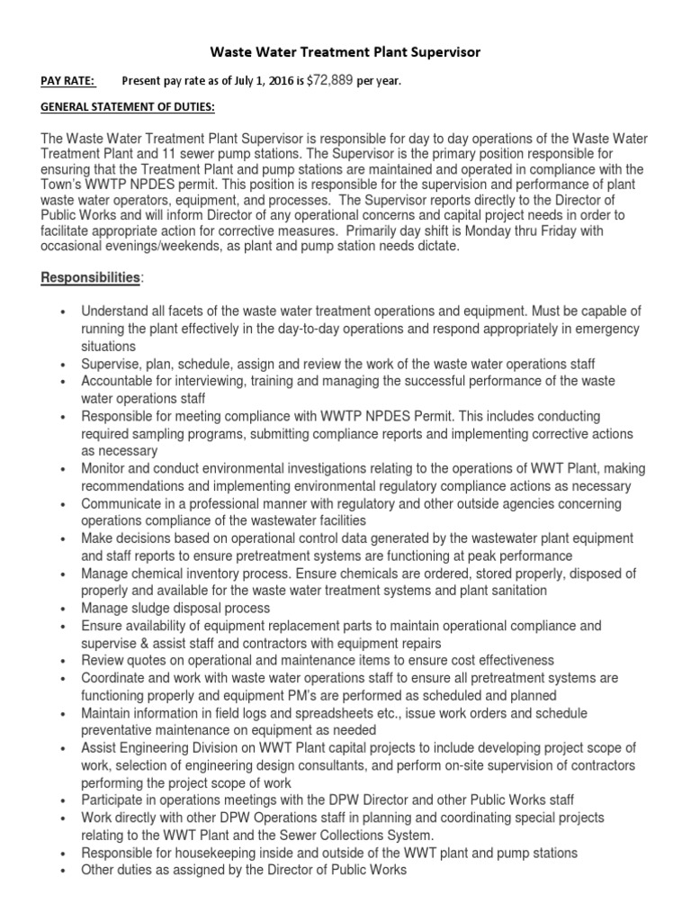 Waste Water Treatment Supervisor Job Description PDF Wastewater