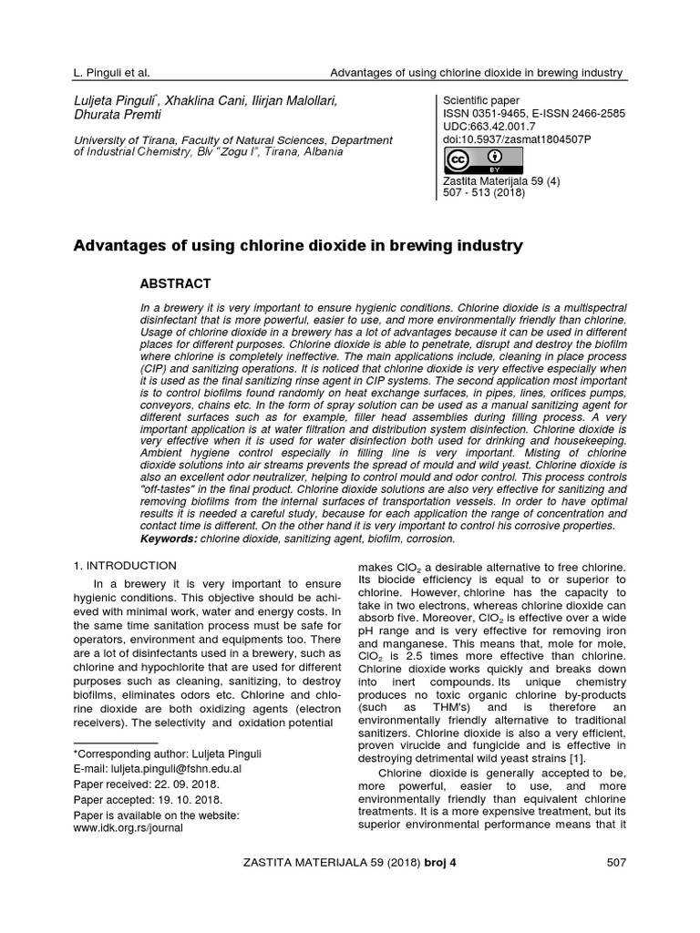 Advantages of Using Chlorine Dioxide in Brewing in 1 PDF