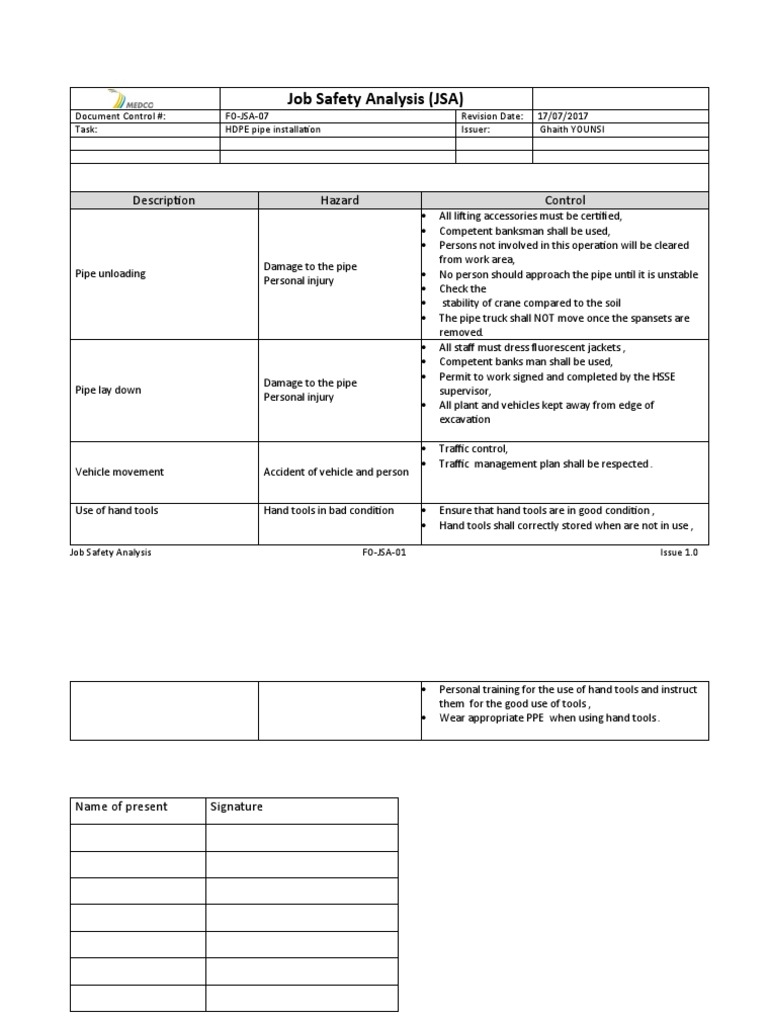 JSA for HDPE Pipe Installation | PDF | Occupational Safety And Health ...