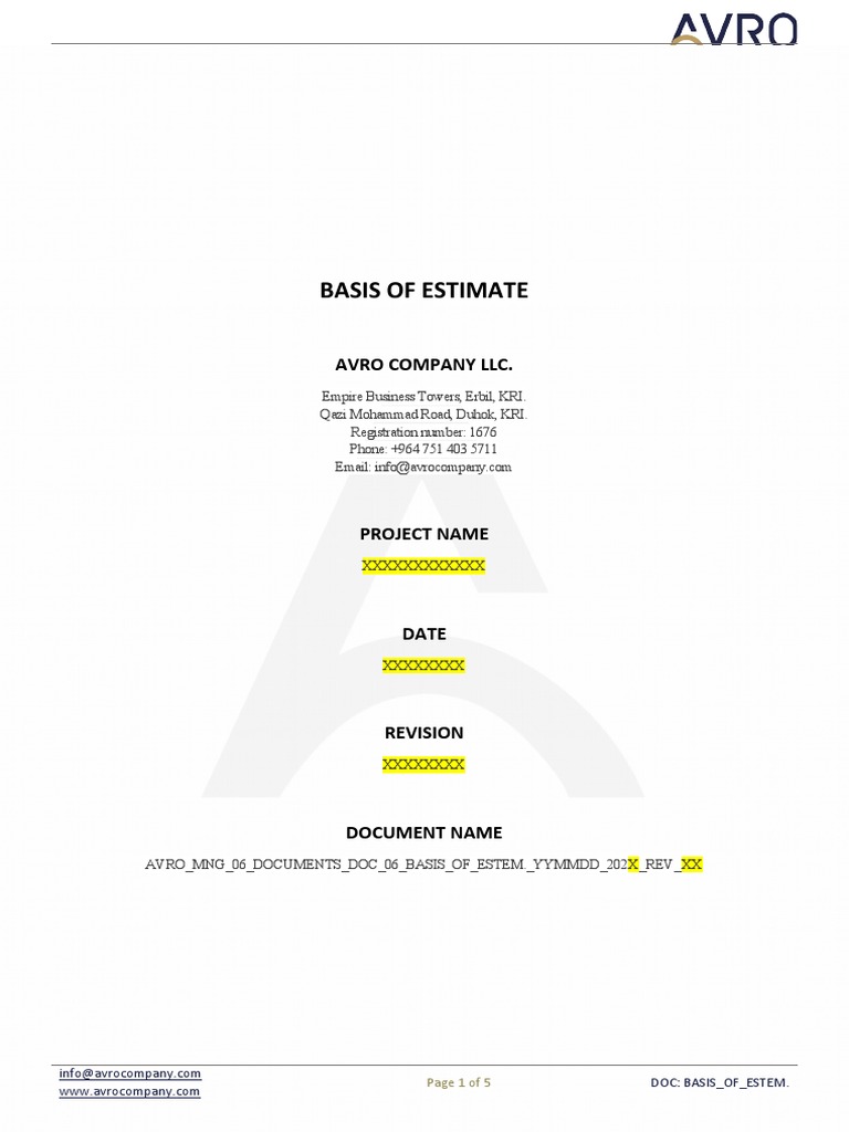 Basis of Estimate: Avro Company LLC | PDF | Business | Science
