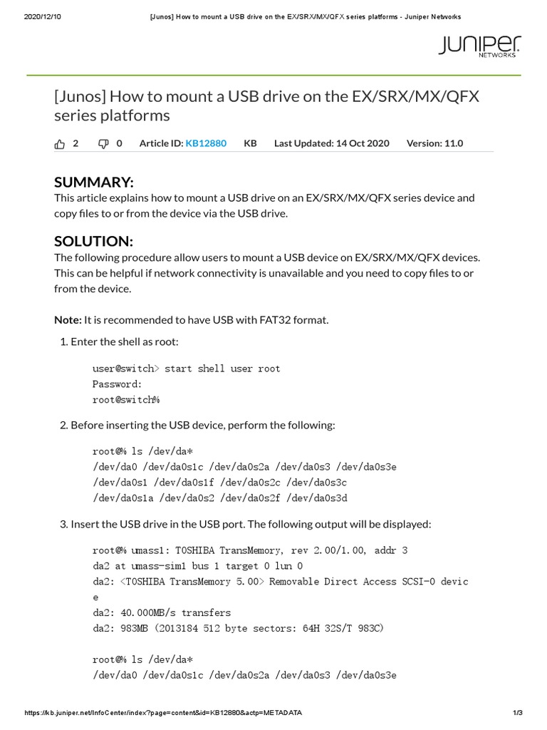(Junos) How To Mount A USB Drive On The EX SRX PDF Usb Flash Drive Computer Networking