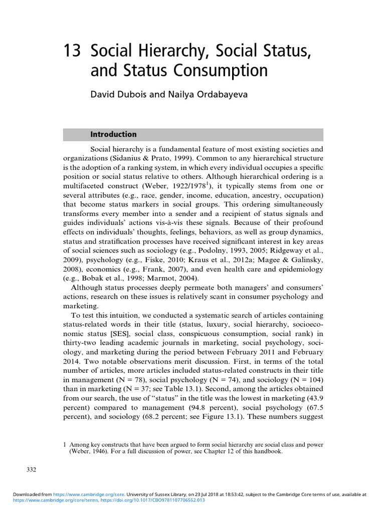 13 Social Hierarchy, Social Status, and Status Consumption David