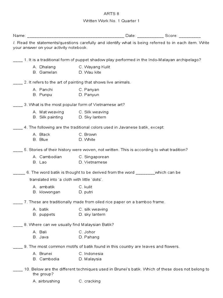 I. Read The Statements/questions Carefully and Identify What Is Being