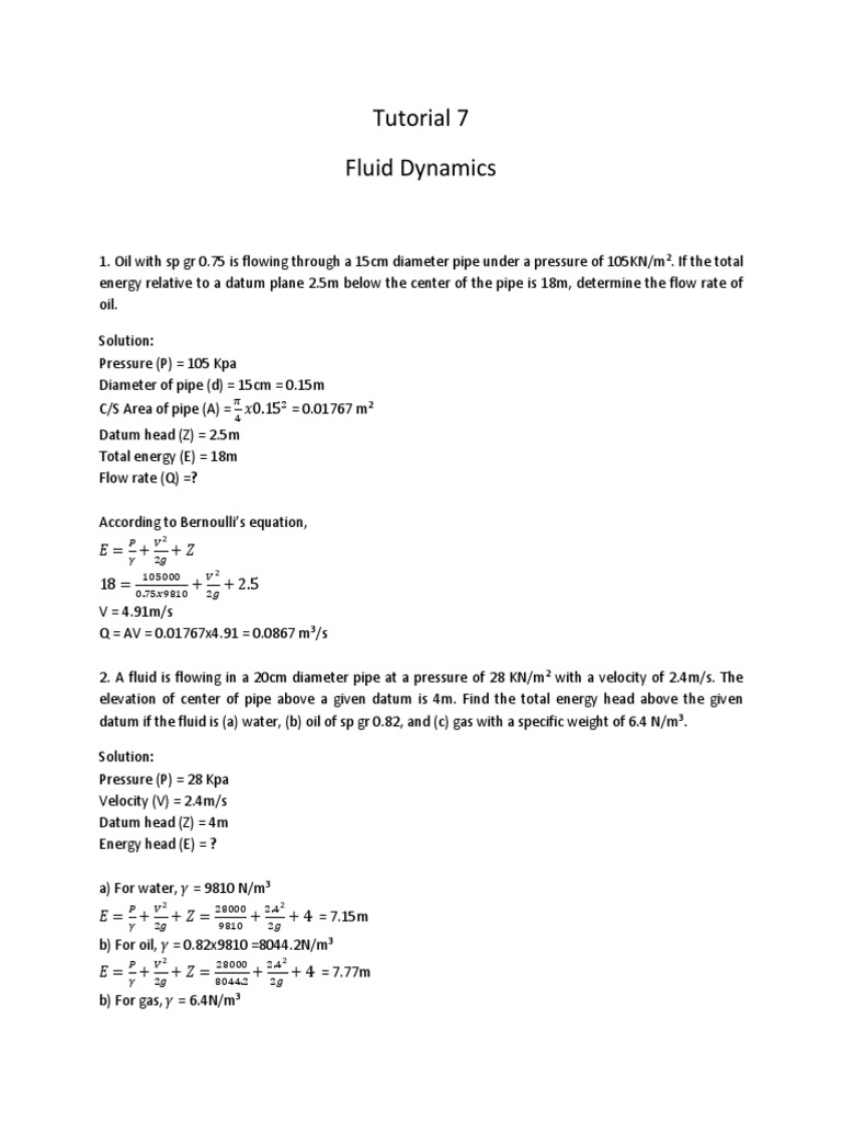 7 Fluid-Dynamics Tutorial-Solution PDF | PDF | Fluid Dynamics | Pressure