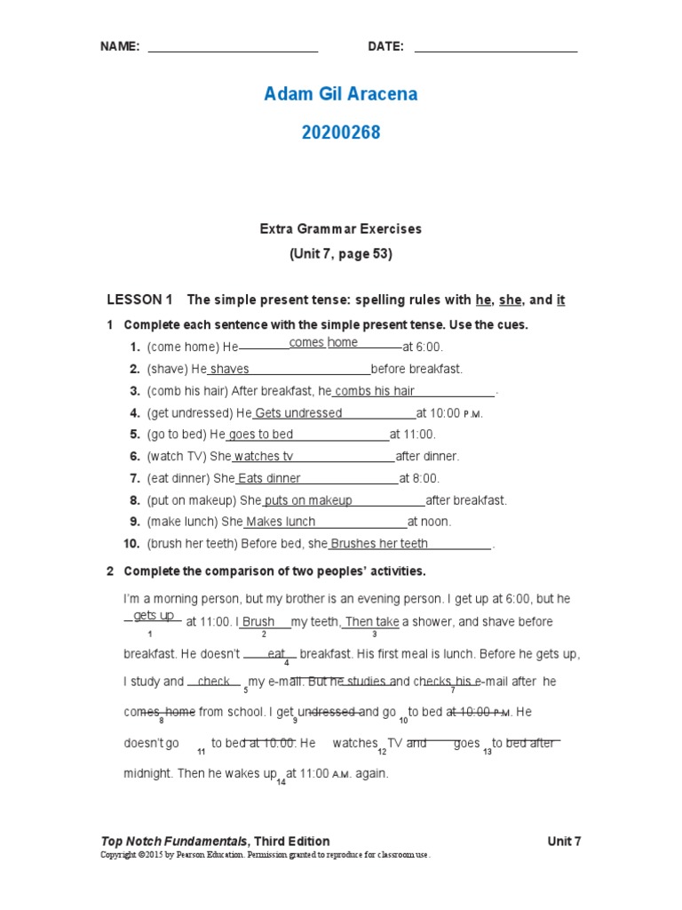 UNIT 07 Extra Grammar Exercises | PDF | Lunch | Linguistics