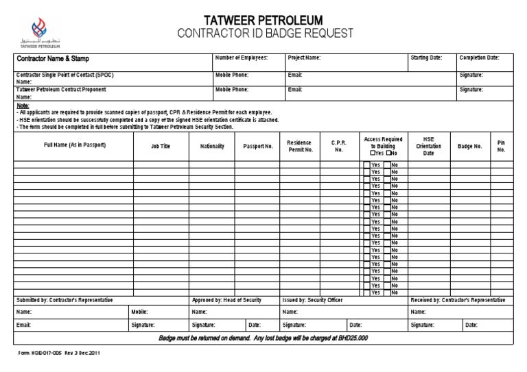 Contractor ID Badge Request Form | PDF | Authentication | Access Control