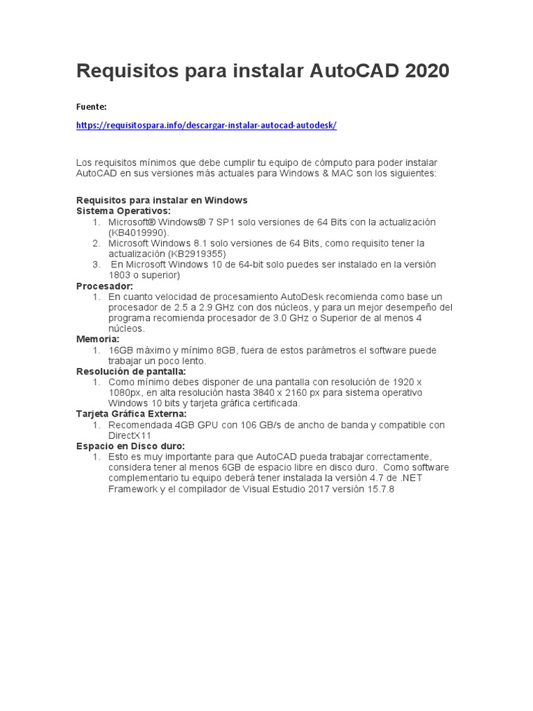 Requisitos para Instalar AutoCAD 2020 PDF