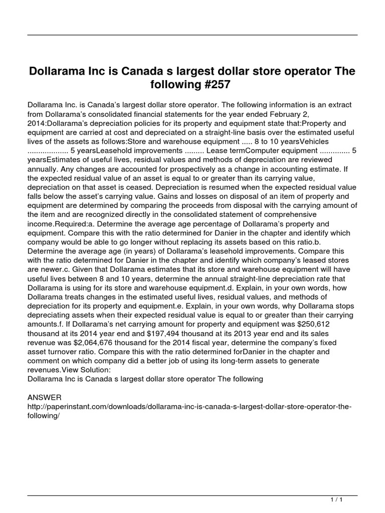 Dollarama Inc Is Canada S Largest Dollar Store Operator The Following PDF Depreciation