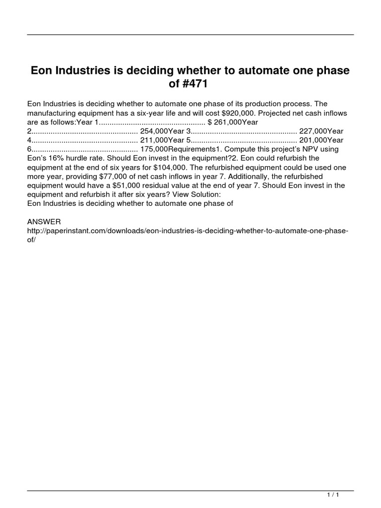 Eon Industries Is Deciding Whether To Automate One Phase of | PDF