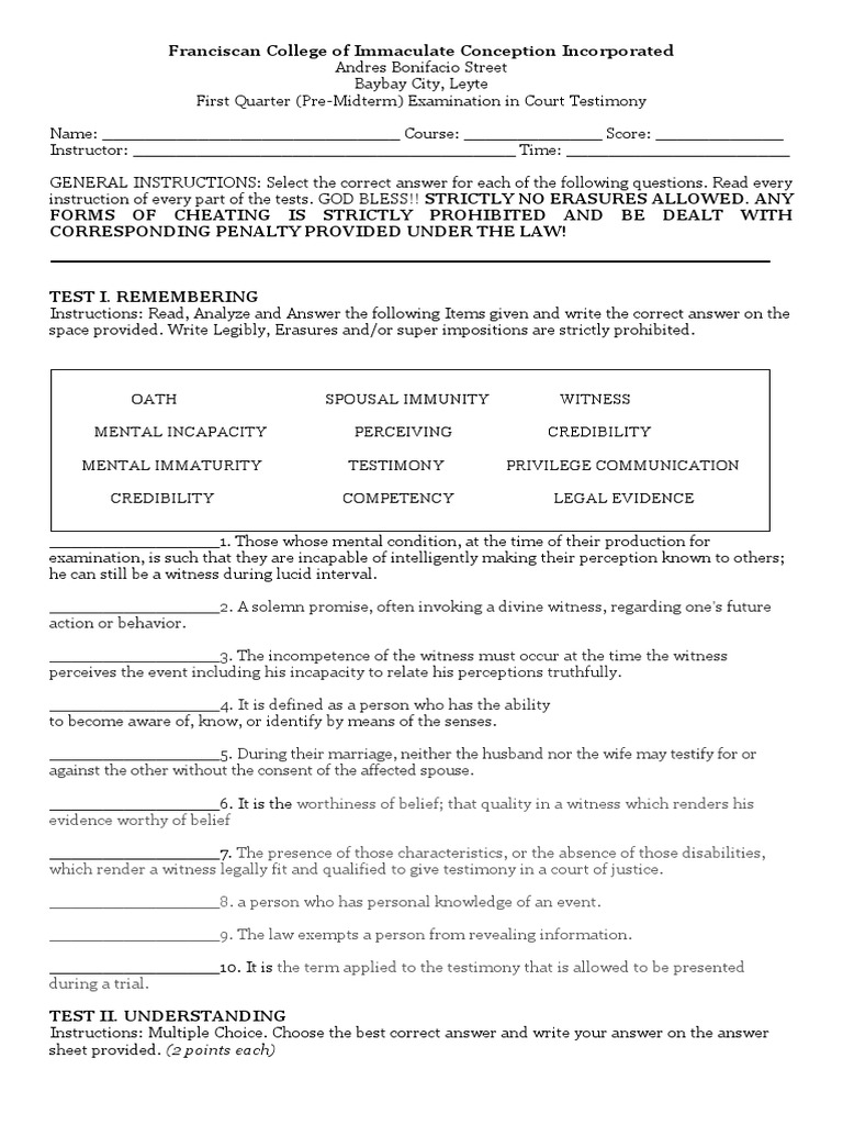 Court Testimony PreMid Exam PDF Evidence Witness
