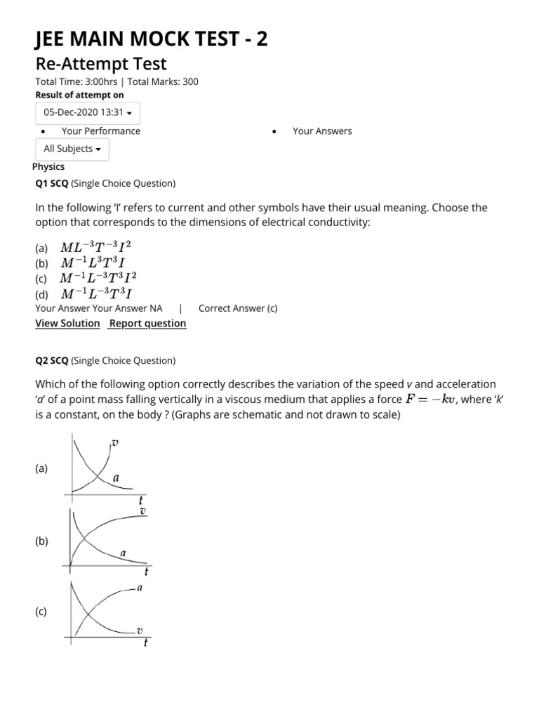 JEE Main Mock Test 2 Results | PDF | Mass | Applied And ...