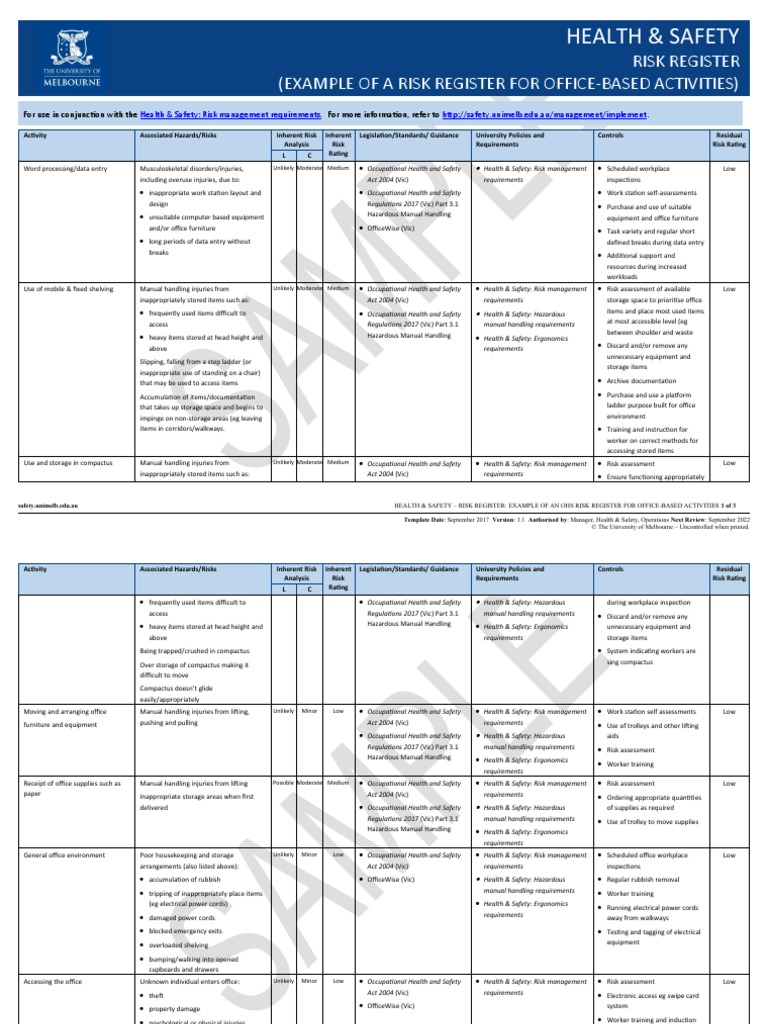 Office Health & Safety Risk Register | PDF