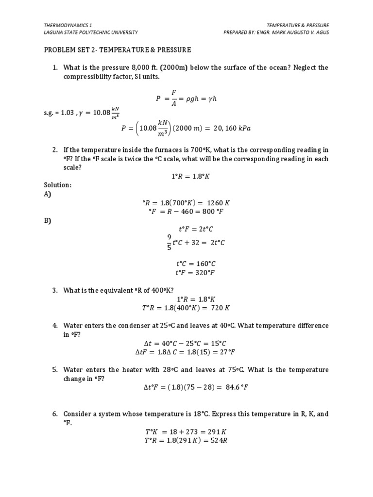 Thermodynamics Pressure Problem Set | PDF | Pressure | Atmospheric Pressure