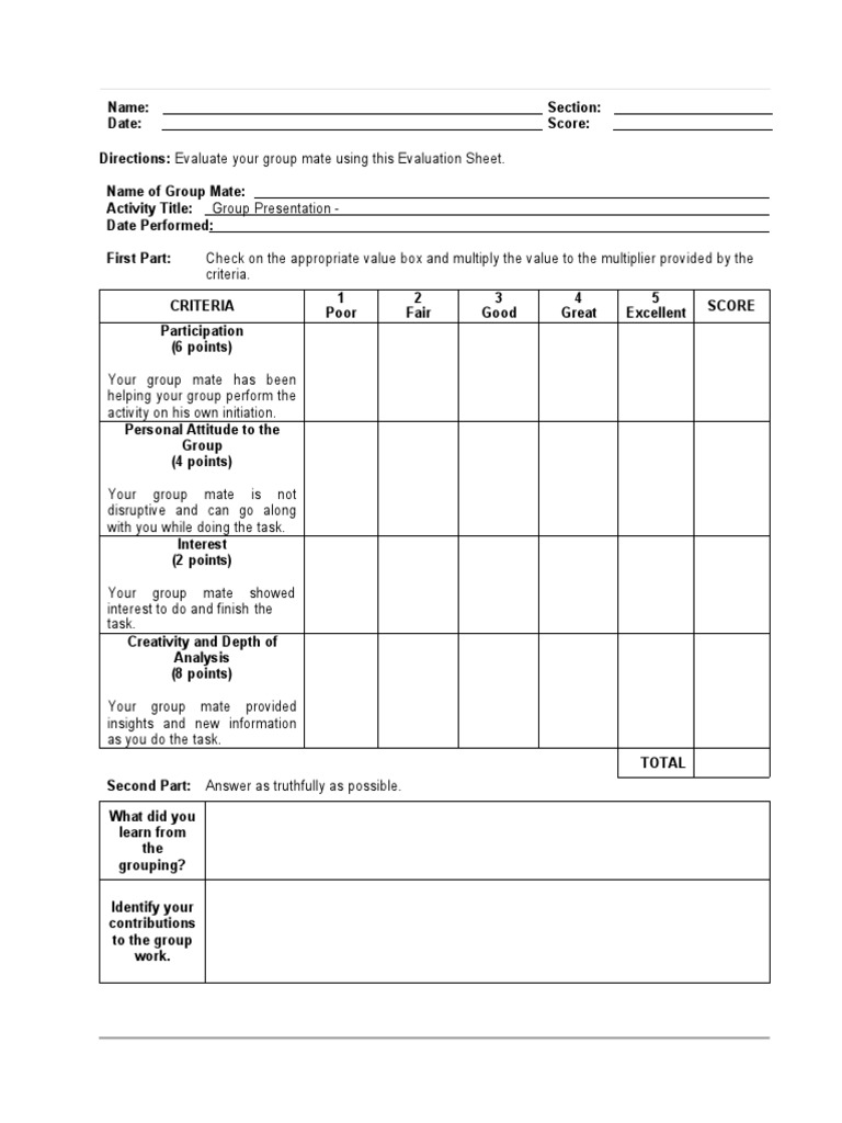 Group Presentation Evaluation Sheet | PDF