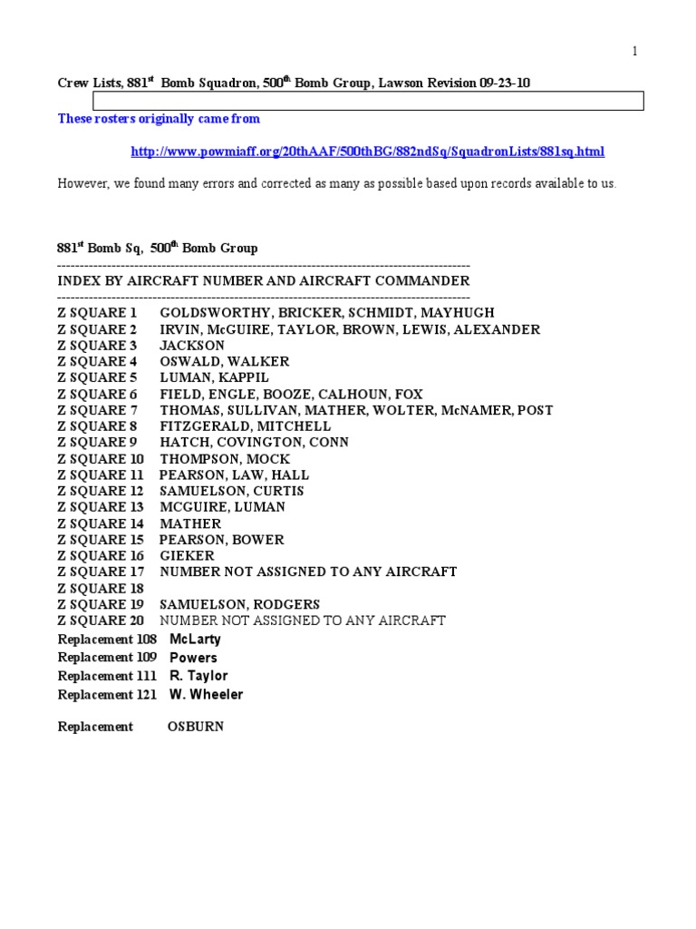 881st Bomb Squadron Crew Lists | PDF | Military | Military Aviation