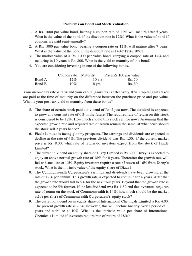 Problems Valuation of Bonds and Stocks PDF Bonds (Finance