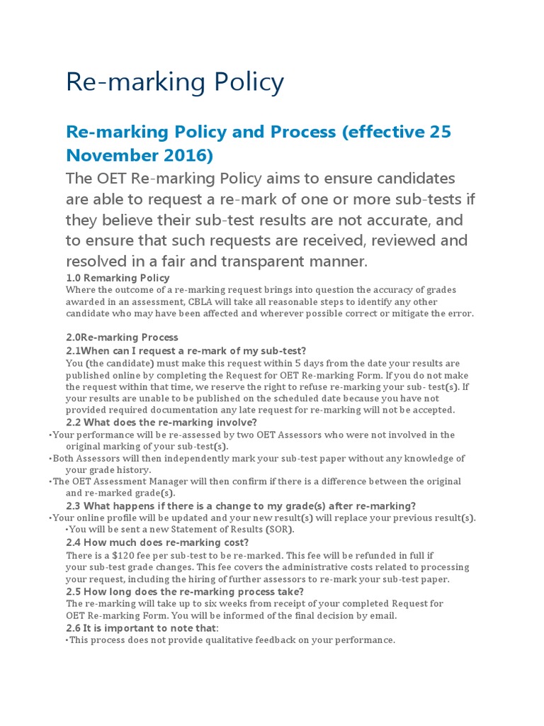 ReMarking Policy and Process (Effective 25 November 2016) PDF Business