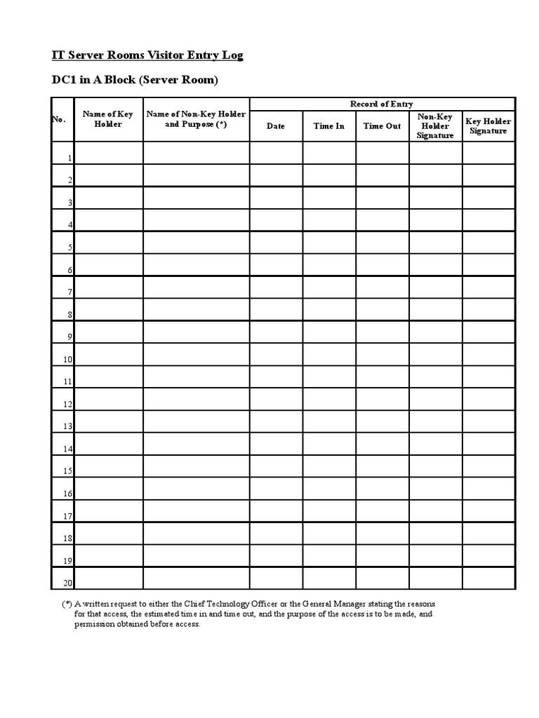 Server Room Visitor Log Template | PDF