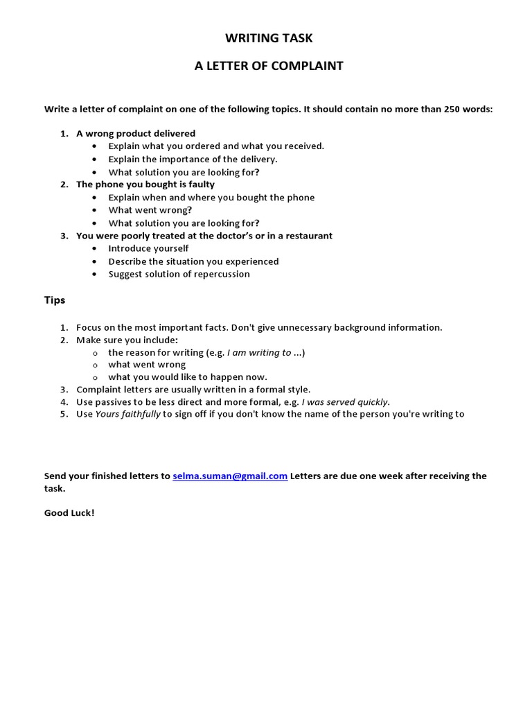 Writing Task - A Letter of Complaint | PDF | Career & Growth