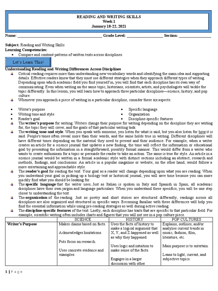 Compare and contrast patterns of written texts across disciplines pdf