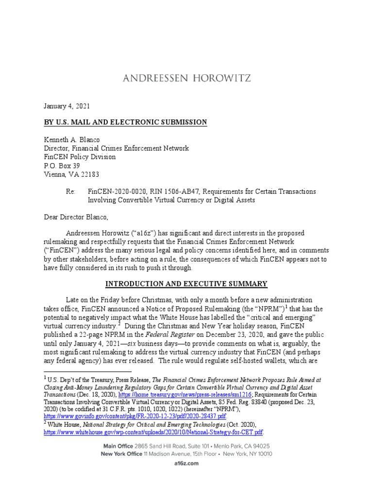 A16z Comment Letter Final 1.4.21 | PDF | Money Laundering | Cryptocurrency