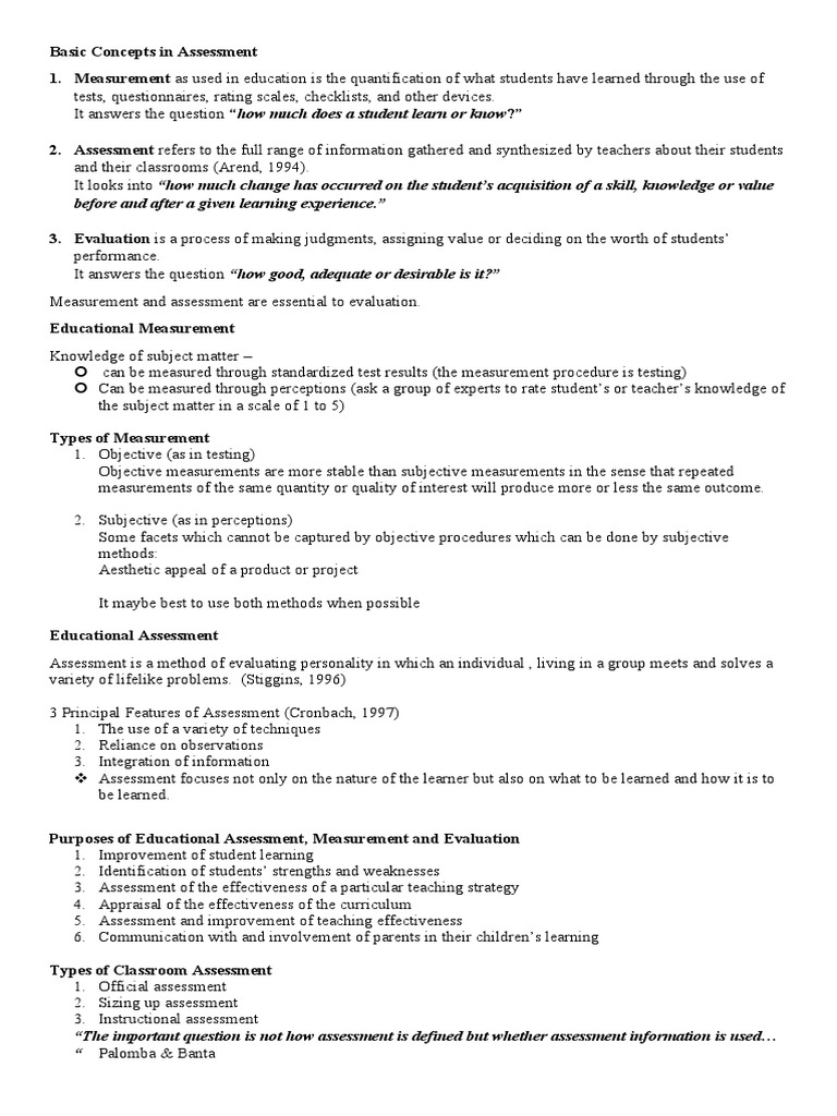 Basic Concepts in Assessment Notes 1 | PDF | Educational Assessment ...