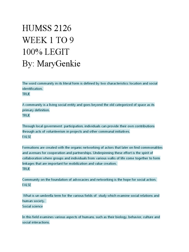 Humss 2126 Week 1 To 9 100% Legit By: Marygenkie | PDF | Institution ...