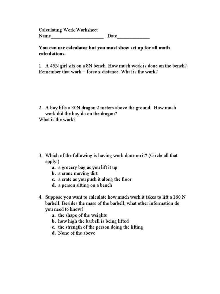 Work Calculation Problems Worksheet | PDF | Teaching Methods & Materials