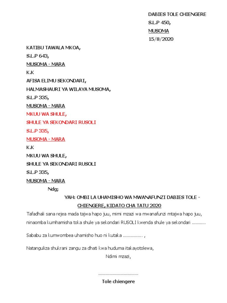 Barua Ya Uhamisho Sekondari. | PDF