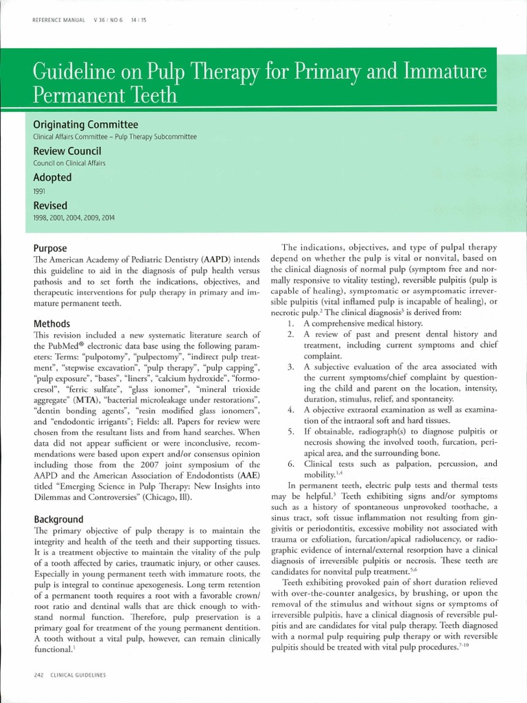 Guideline On Pulp Therapy For Primaiy and Immature PDF | PDF | Human ...