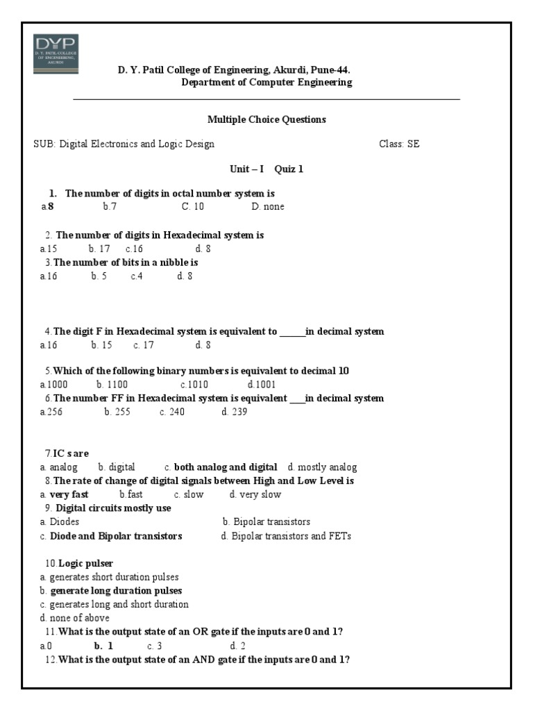 Digital Electronics Quiz | PDF | Logic Gate | Cmos