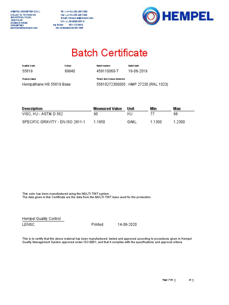 Batch Certificate: Quality Code Colour Batch Number Batch Date | PDF ...